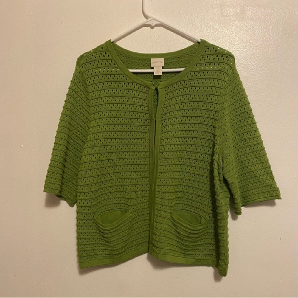 Chico’s Sweater Women’s‎ Size I Green Hook Button Front Pockets Small